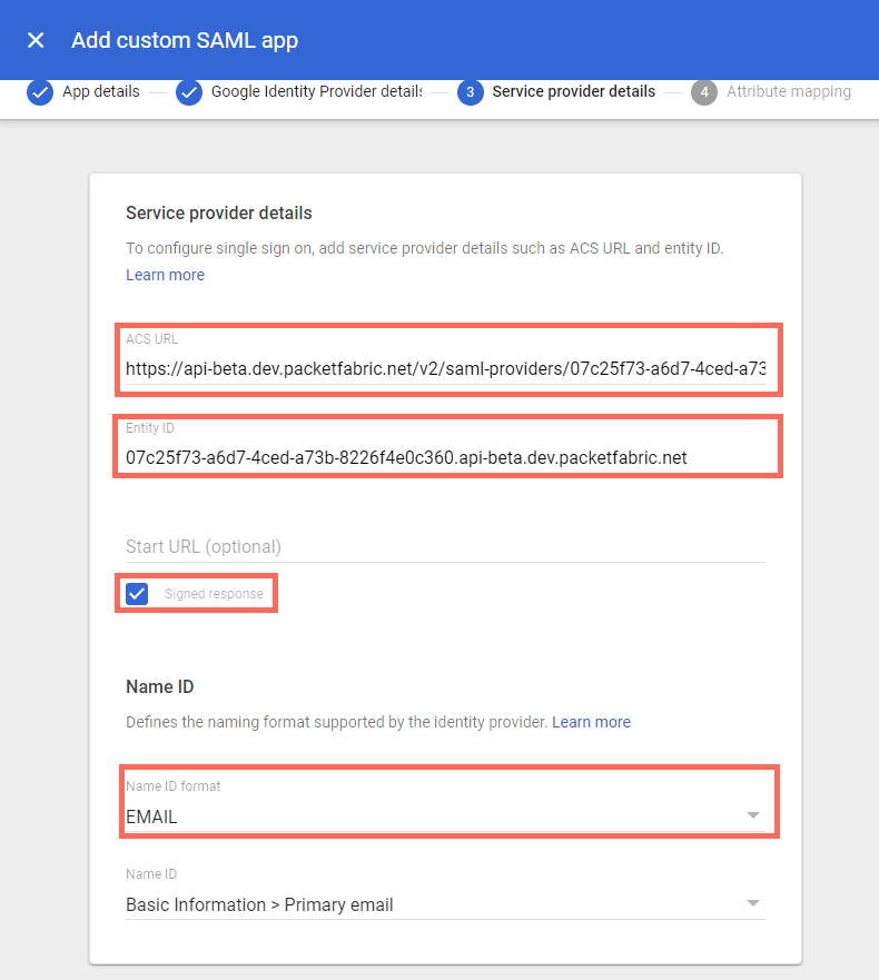 screenshot of Google SAML settings