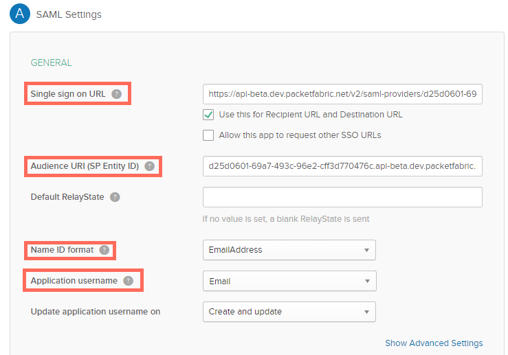 screenshot of SAML settings