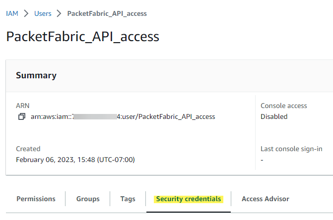 IAM security credentials tab