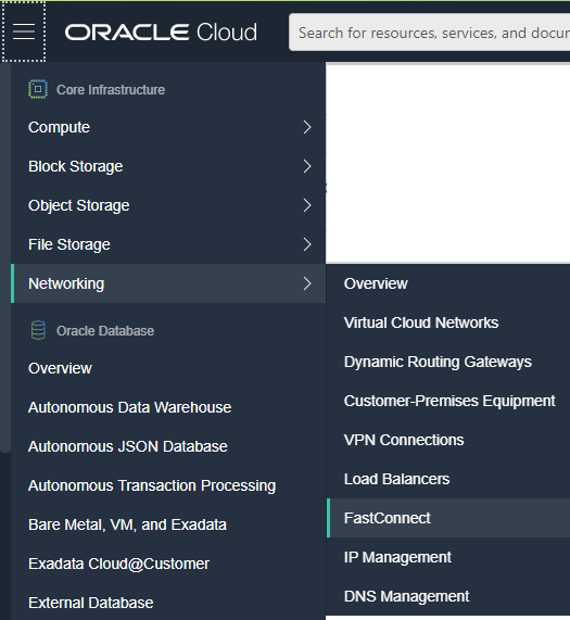 Screenshot of the FastConnect option in the Oracle Cloud console