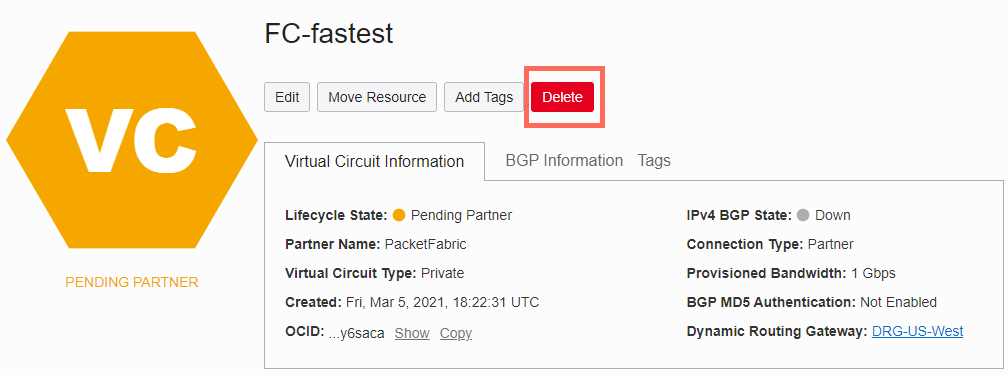 Screenshot of the FastConnect Delete action in the Oracle Cloud console