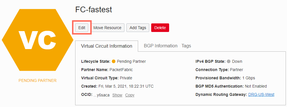 Screenshot of the FastConnect Edit action in the Oracle Cloud console