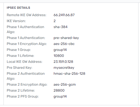 Screenshot of the IKE details in the PacketFabric portal