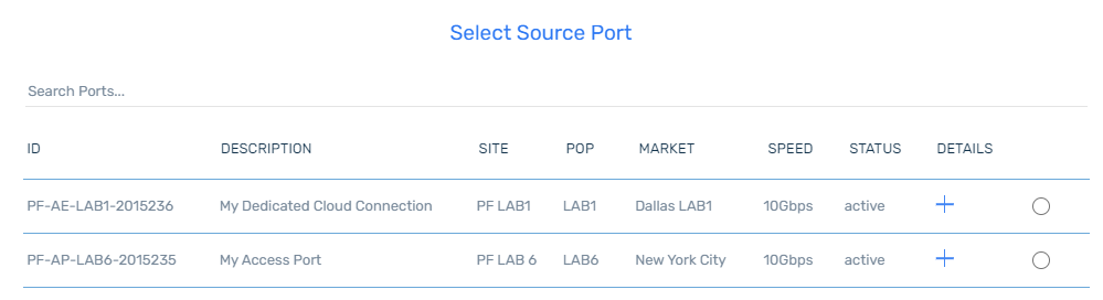 screenshot of the Select Source Port when creating a marketplace connection