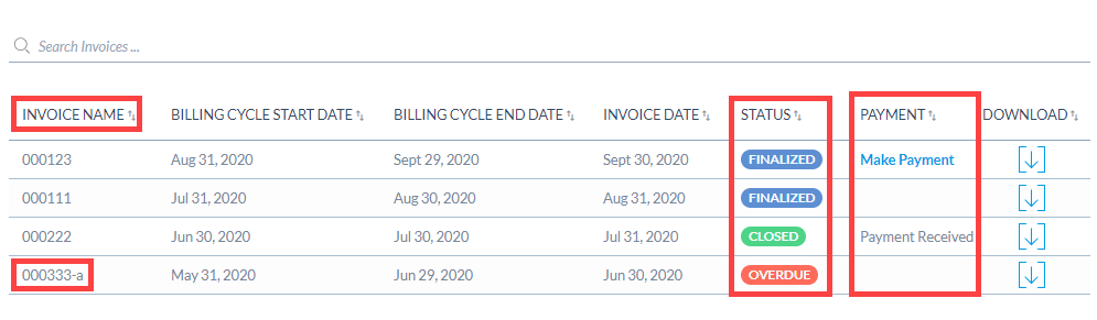 Screenshot of invoices table