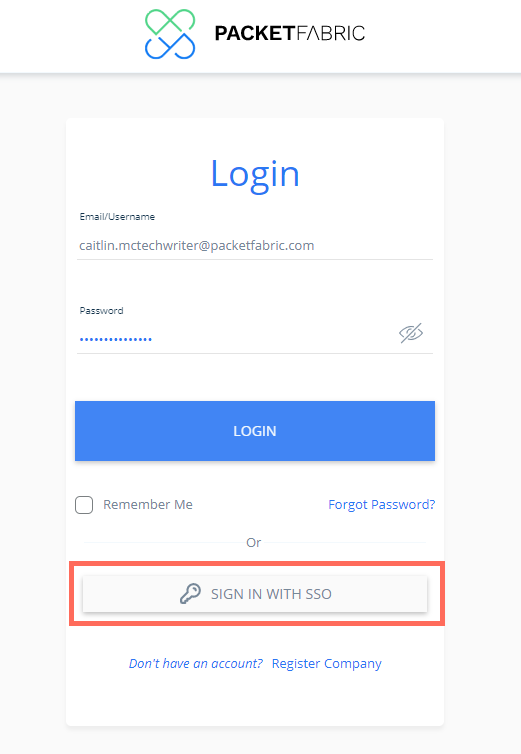 Login page with SSO button highlighted