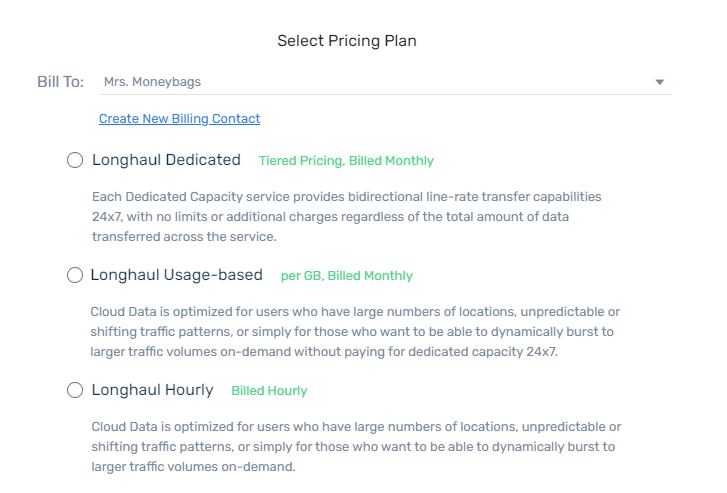 screenshot of pricing options