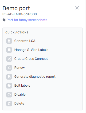 screenshot of the port actions menu