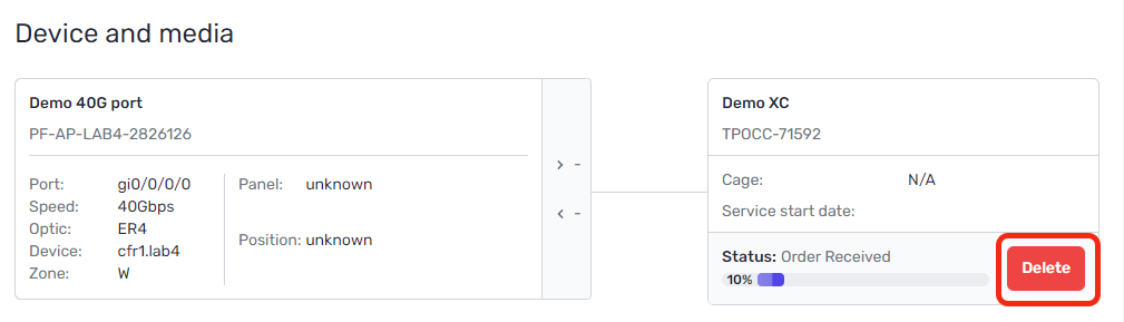 Screenshot of the outbound cross connect on port details page with the Delete action outlined